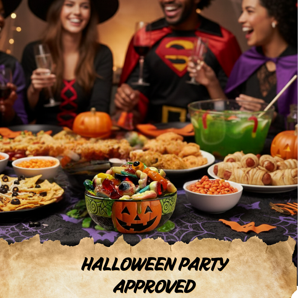 Halloween party with friends in costumes around a table with festive food and decorations.