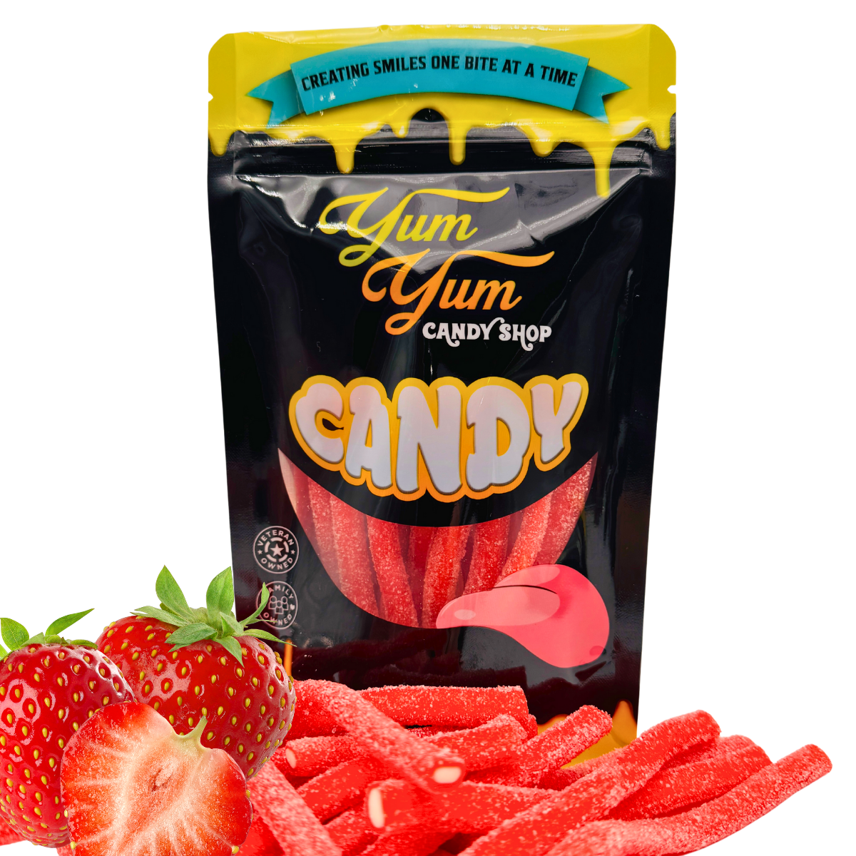 Strawberry stuffed licorice displayed with real strawberries and bright red candy pieces
