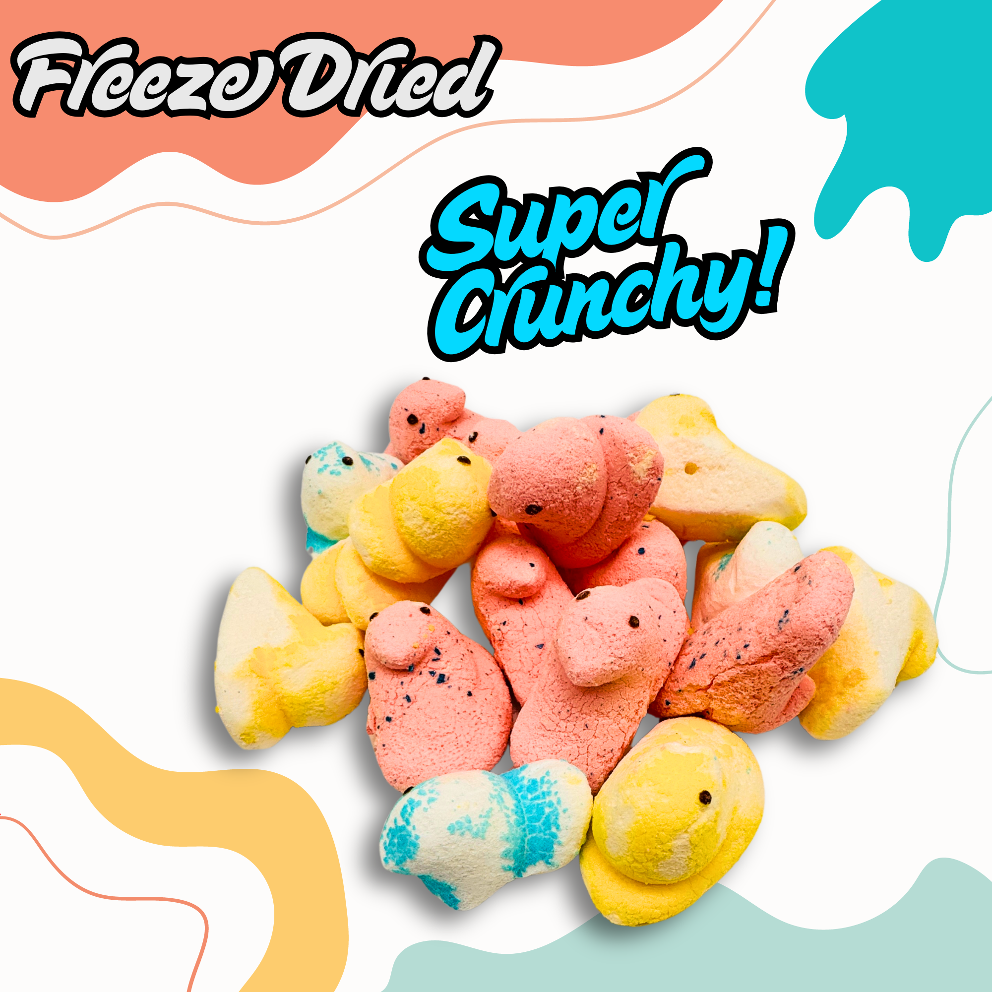 Close-up of crunchy freeze-dried marshmallow chicks with colorful shell and airy texture