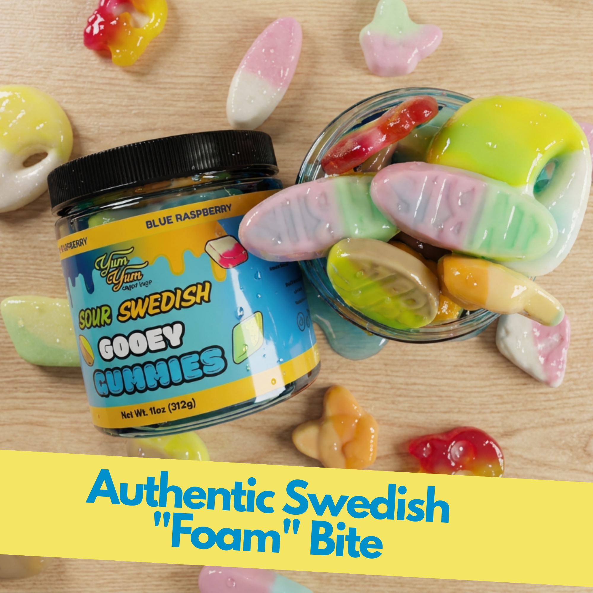A top-down view of the jar next to a glass bowl filled with Swedish "foam" style gummies. Yellow text overlay reads: "Authentic Swedish 'Foam' Bite."