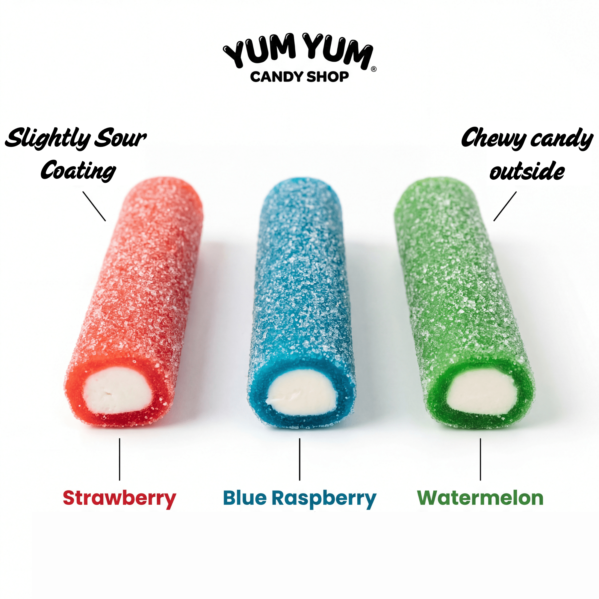 Three colorful candies labeled Strawberry, Blue Raspberry, and Watermelon showing the slightly sour coating