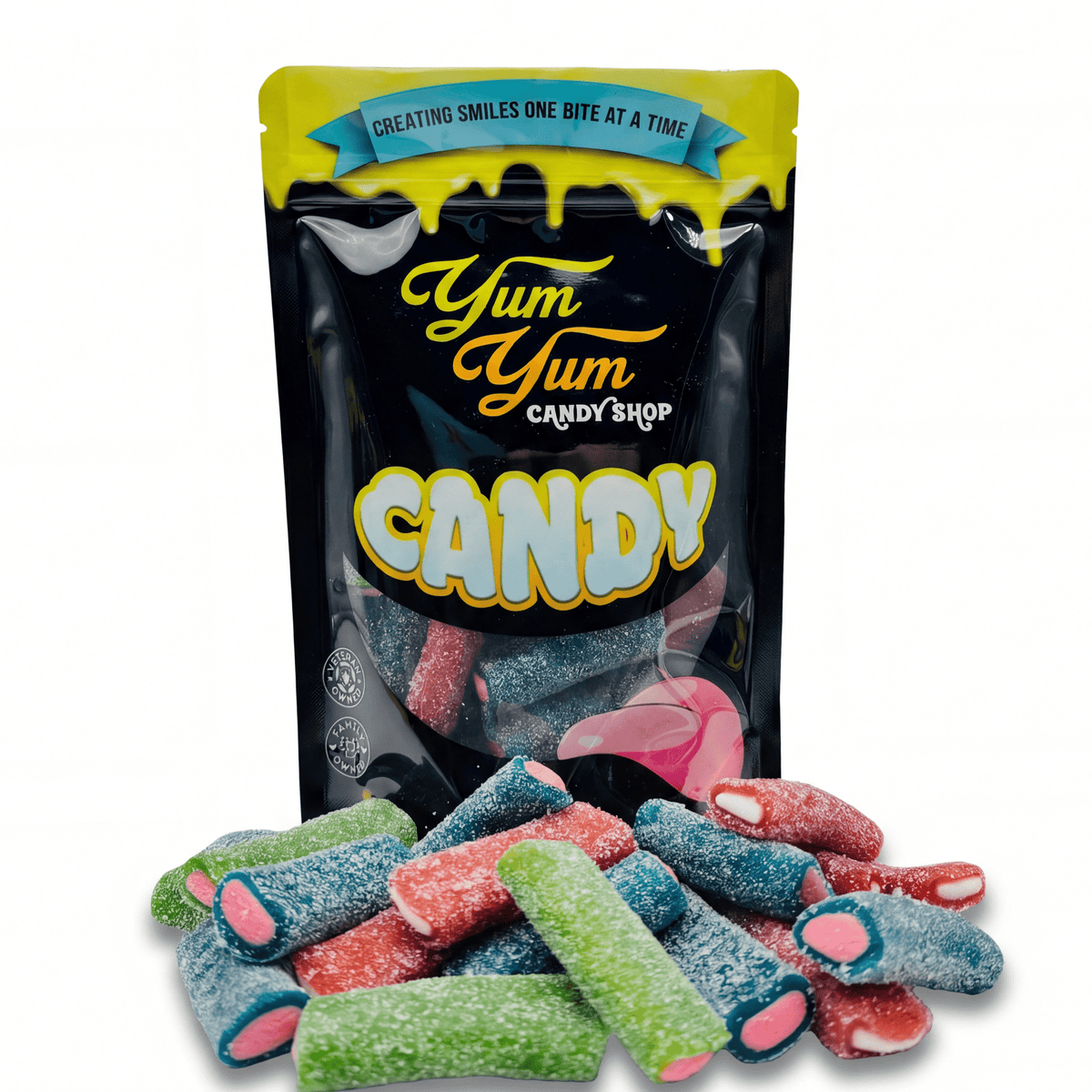Yum Yum Candy Shop bag with colorful licorice candies on a white background