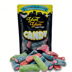 Yum Yum Candy Shop bag with colorful licorice candies on a white background