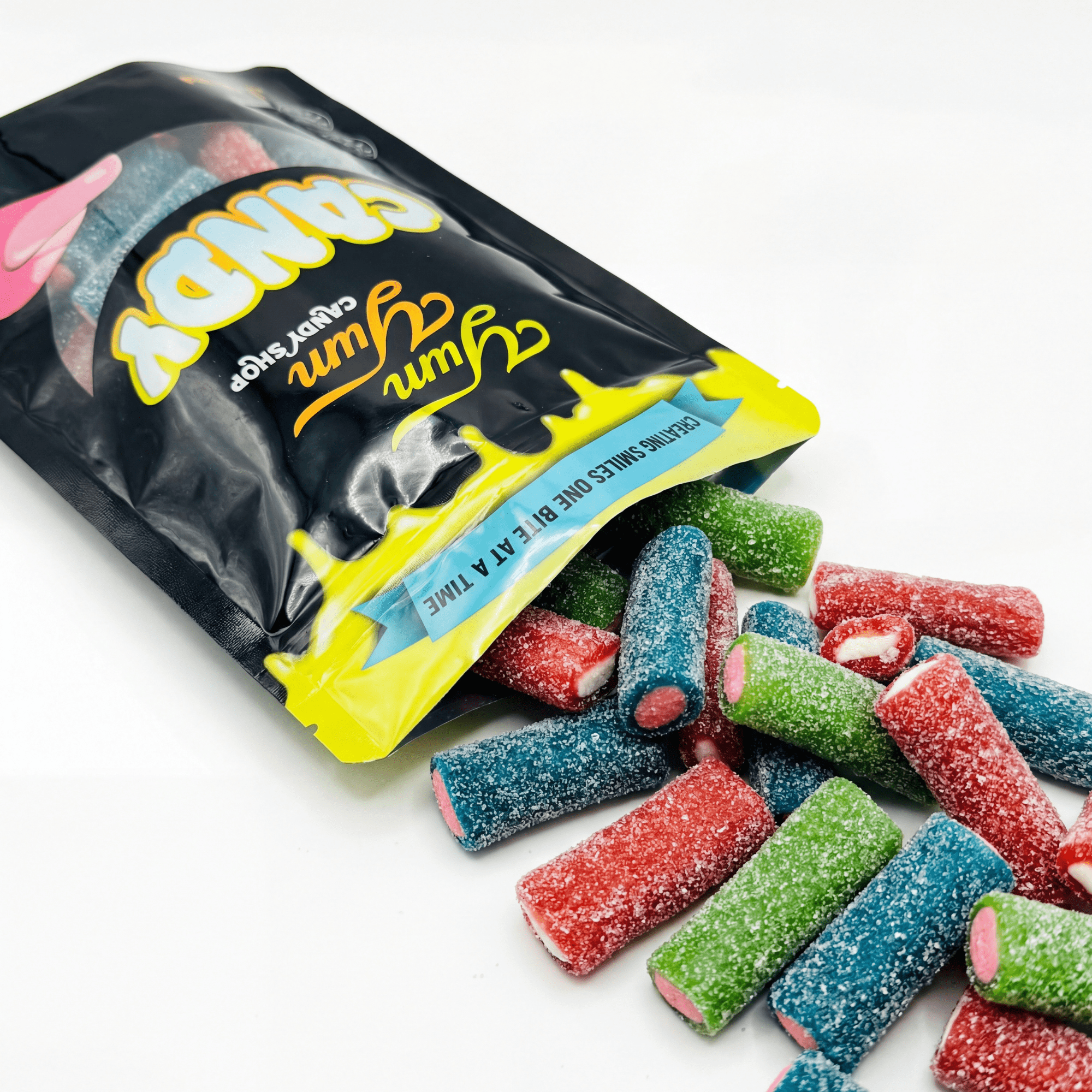 Packaged colorful  Swedish licorice with a visible brand label on a white background