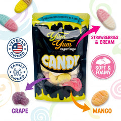 A black Yum Yum Candy Shop bag surrounded by Swedish Gummies