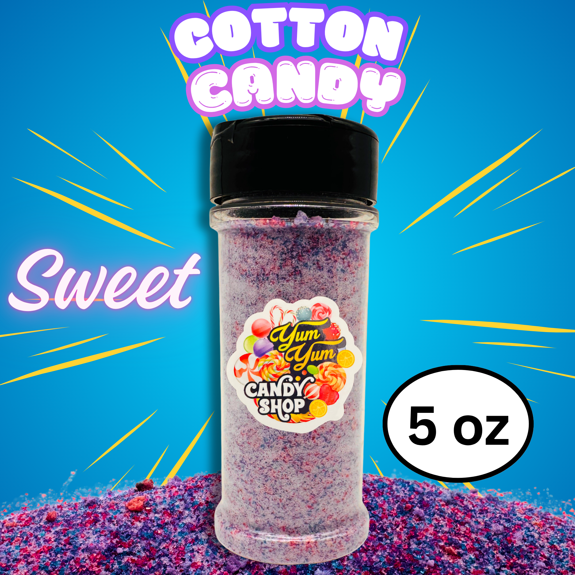 Shaker bottle of cotton candy powder with 'Yum Yum Candy Shop' label on a blue background