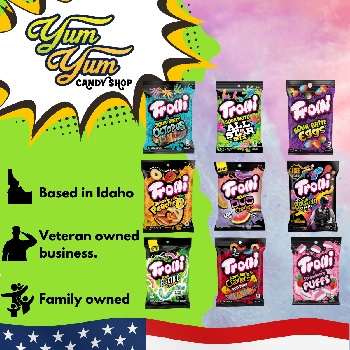 A collection of Trolli candy bags in various flavors including Strawberry Puffs, Peachy Fruit Punch, Sour Crawlers, and others displayed against Yum Yum Candy Shop values.