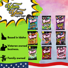 A collection of Trolli candy bags in various flavors including Strawberry Puffs, Peachy Fruit Punch, Sour Crawlers, and others displayed against Yum Yum Candy Shop values.