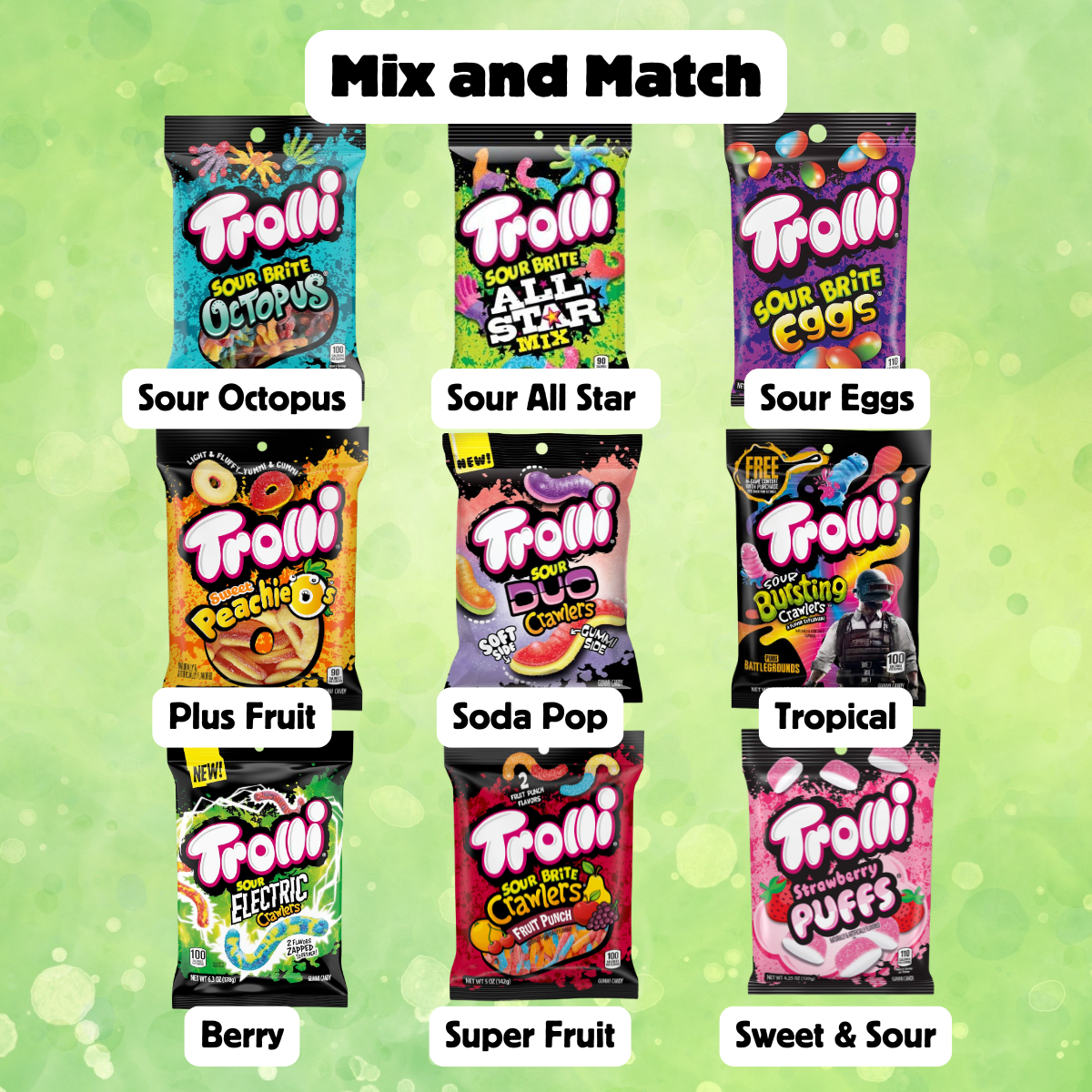 A collection of Trolli candy bags in various flavors including Strawberry Puffs, Peachy Fruit Punch, Sour Crawlers, and others displayed against a green background.