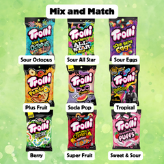 A collection of Trolli candy bags in various flavors including Strawberry Puffs, Peachy Fruit Punch, Sour Crawlers, and others displayed against a green background.