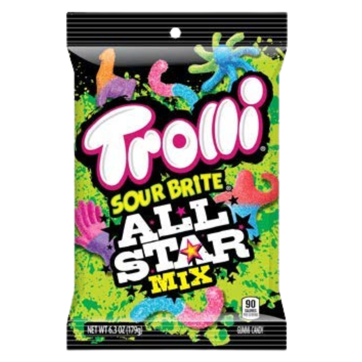 A collection of Trolli candy bags in various flavors including Strawberry Puffs, Peachy Fruit Punch, Sour Crawlers, and others displayed against a white background.
