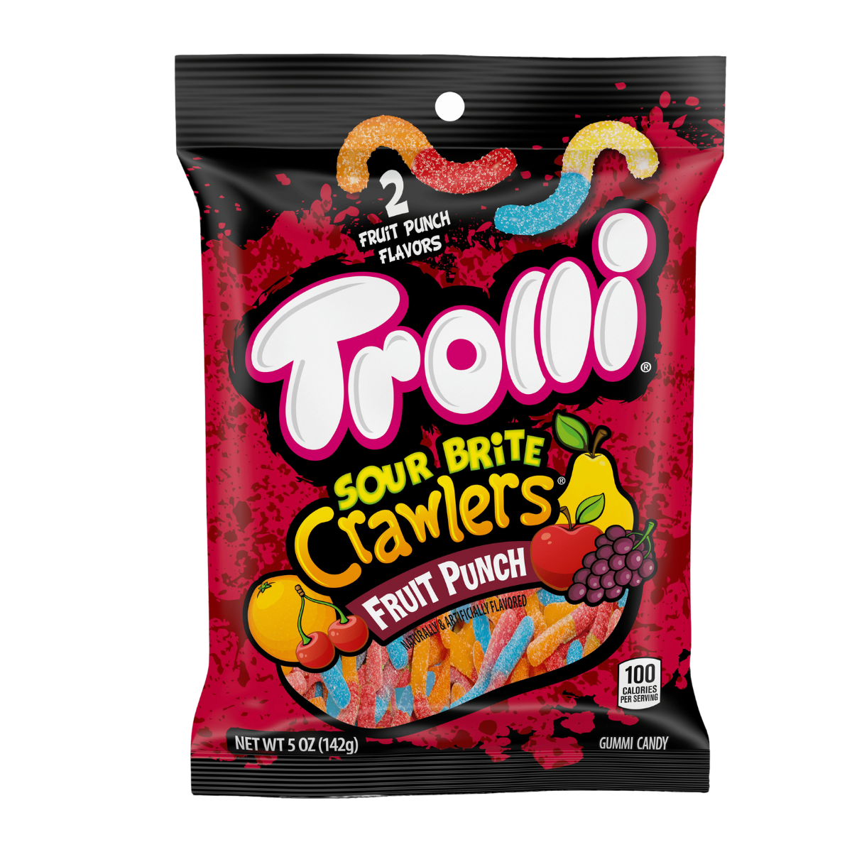 A colorful bag of Trolli candy on a while background