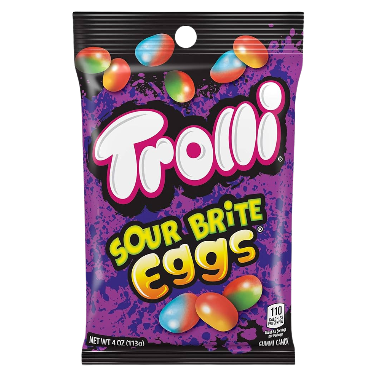 A collection of Trolli candy bags in various flavors including Strawberry Puffs, Peachy Fruit Punch, Sour Crawlers, and others displayed against a white background.