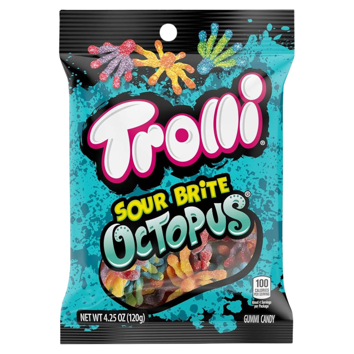 A collection of Trolli candy bags in various flavors including Strawberry Puffs, Peachy Fruit Punch, Sour Crawlers, and others displayed against a white background.