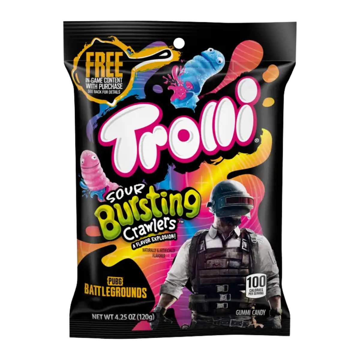 A collection of Trolli candy bags in various flavors including Strawberry Puffs, Peachy Fruit Punch, Sour Crawlers, and others displayed against a white background.