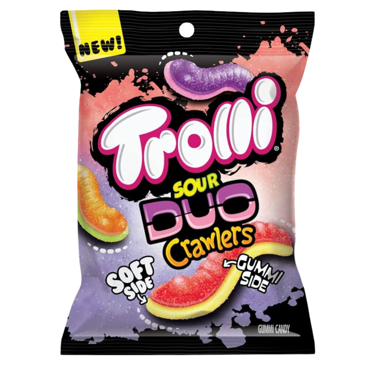 A collection of Trolli candy bags in various flavors including Strawberry Puffs, Peachy Fruit Punch, Sour Crawlers, and others displayed against a white background.