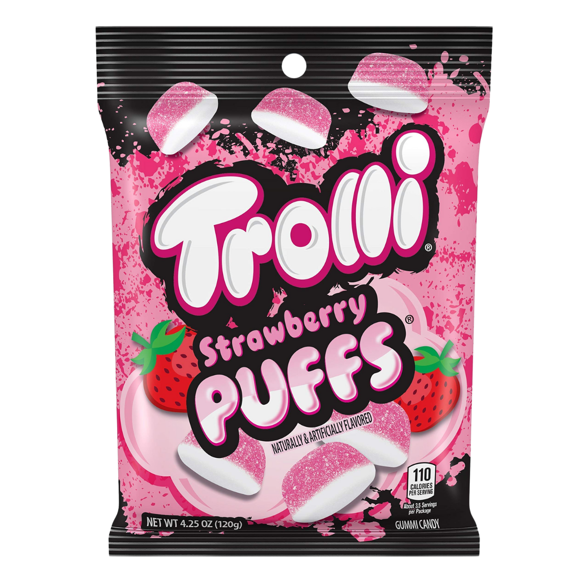 A collection of Trolli candy bags in various flavors including Strawberry Puffs, Peachy Fruit Punch, Sour Crawlers, and others displayed against a white background.