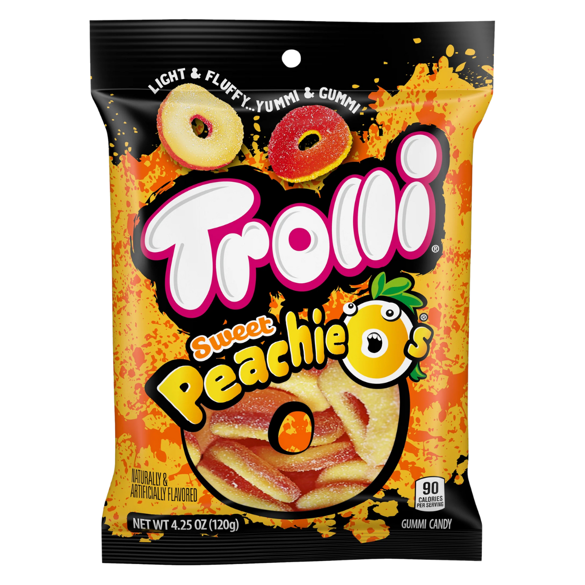 A collection of Trolli candy bags in various flavors including Strawberry Puffs, Peachy Fruit Punch, Sour Crawlers, and others displayed against a white background.