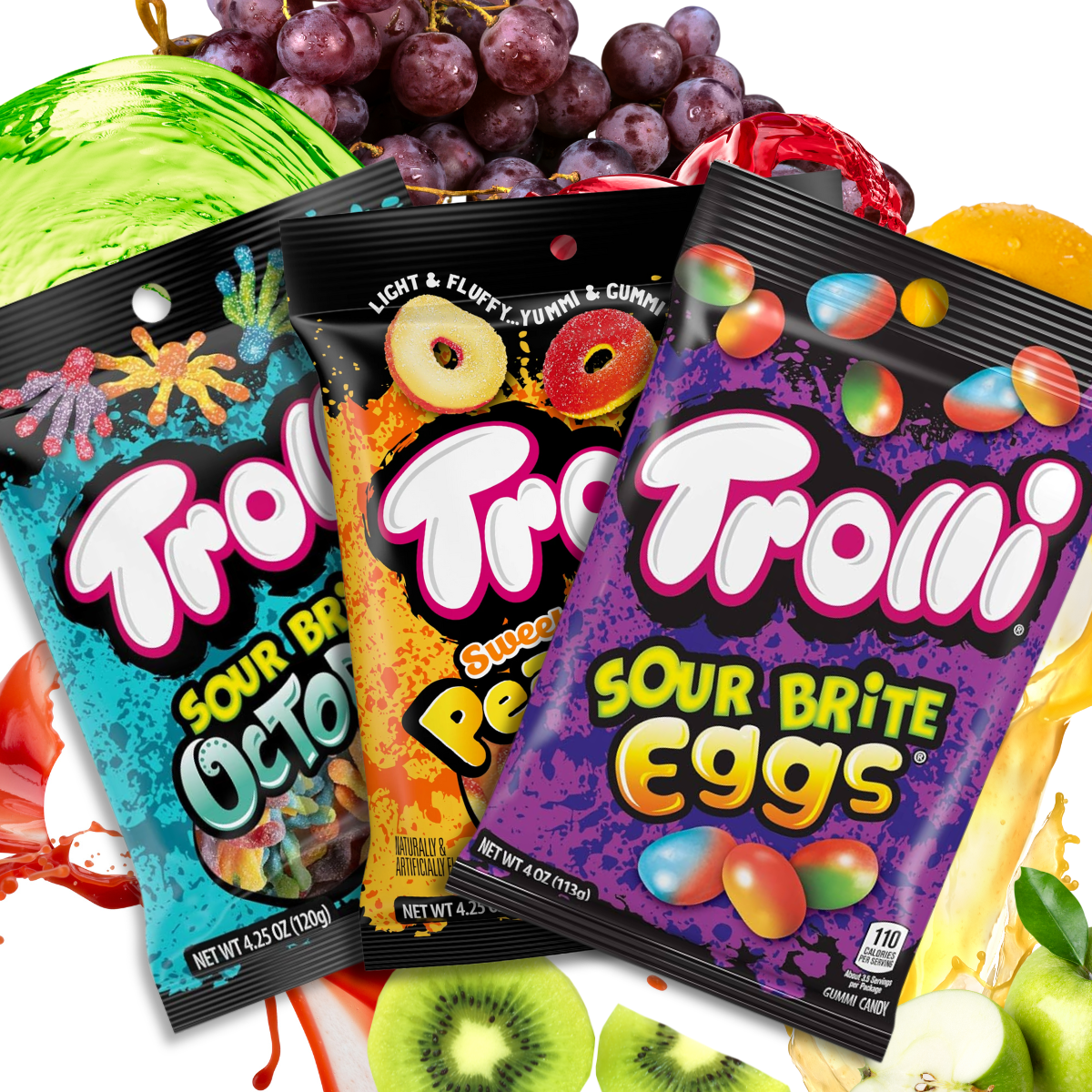 A collection of Trolli candy bags in various flavors including Strawberry Puffs, Peachy Fruit Punch, Sour Crawlers, and others displayed against a white background.