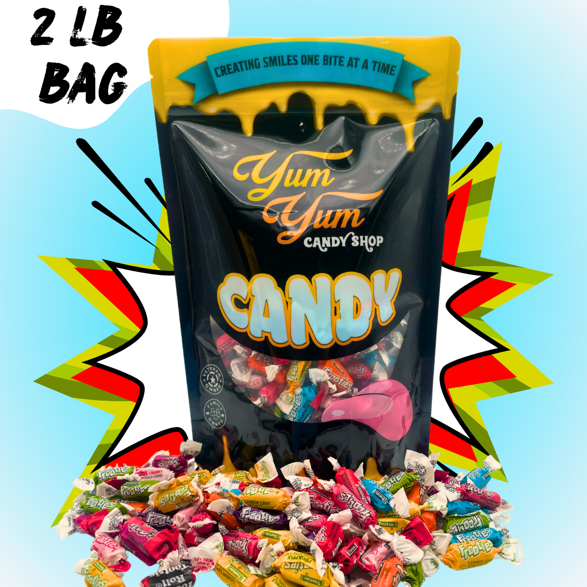 2 pound bag of frooties candy on a bright background