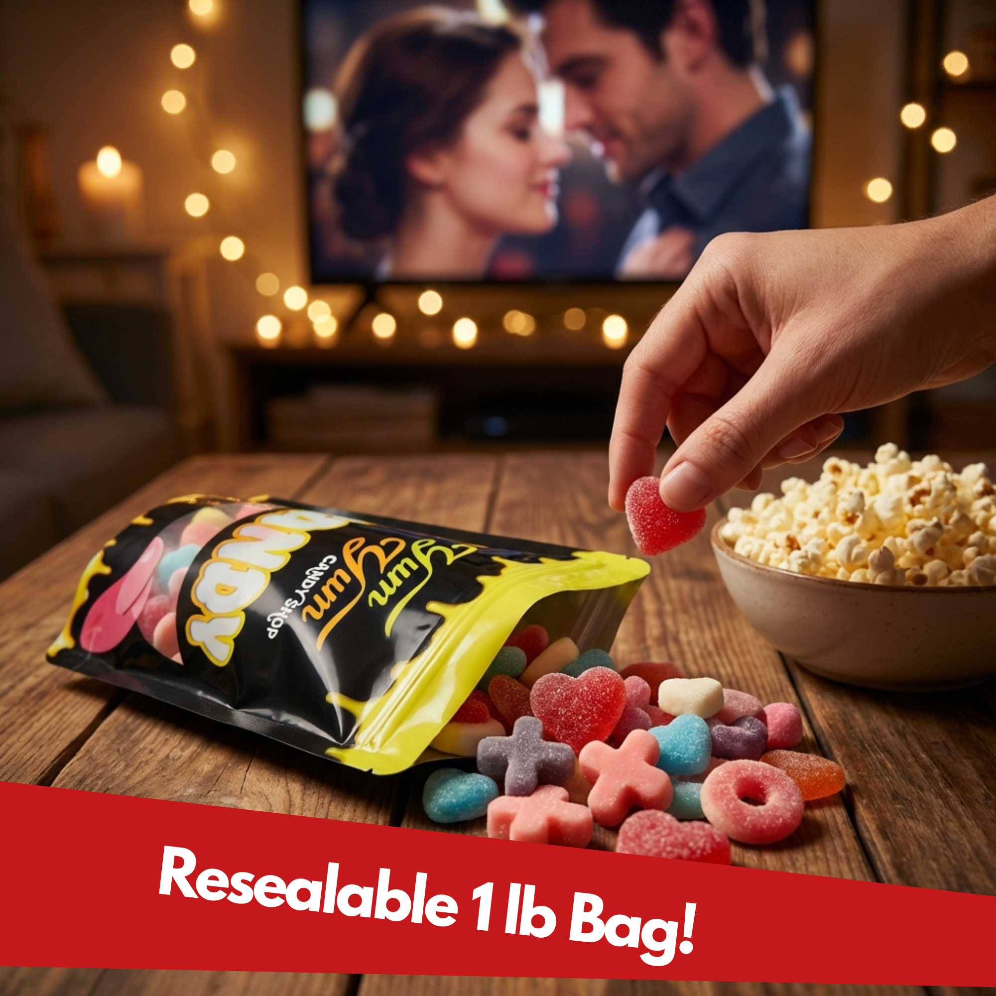 Hand reaching for a candy from a bag on a table with a romantic movie scene in the background.
