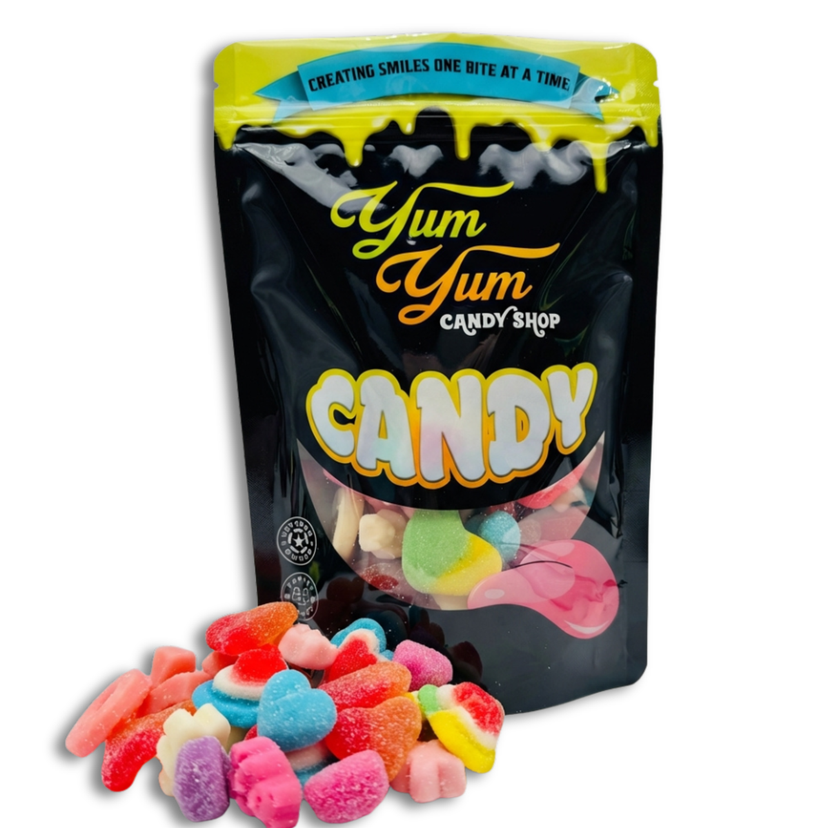 Yum Yum Candy Shop Ultimate Valentine’s Gummy Candy Mix in black resealable 1 lb bag with assorted heart-shaped and colorful fruit gummies spilled in front