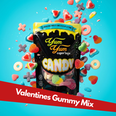 Yum Yum Candy Shop bag of gummy candy with colorful candies on a blue background
