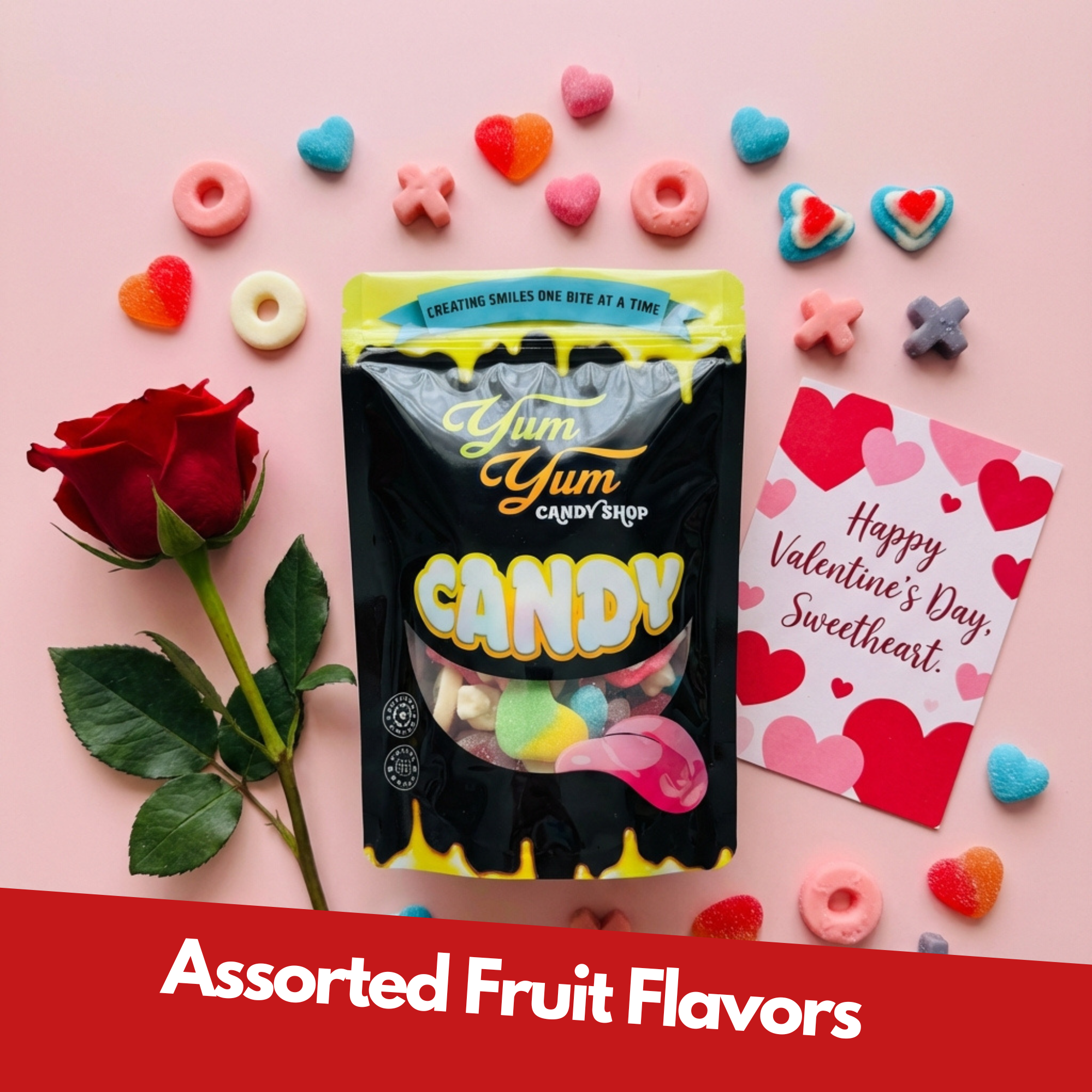 Ultimate Valentine’s Gummy Candy Mix surrounded by heart-shaped gummies and Valentine decorations on pink background