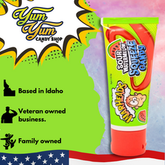 Warheads sour squeeze candy with Yum Yum Candy Shop brand information
