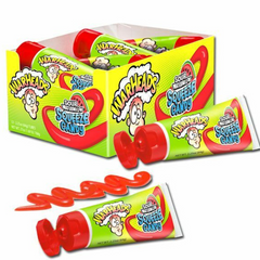 Packaging of WARHEADS Sour Watermelon Squeeze Candy showing the product in a red form and the box with branding and watermelon graphics.
