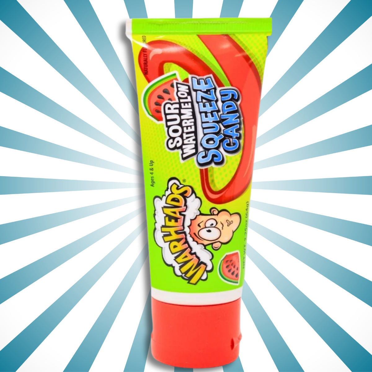 Warheads sour squeeze candy on a blue and while background