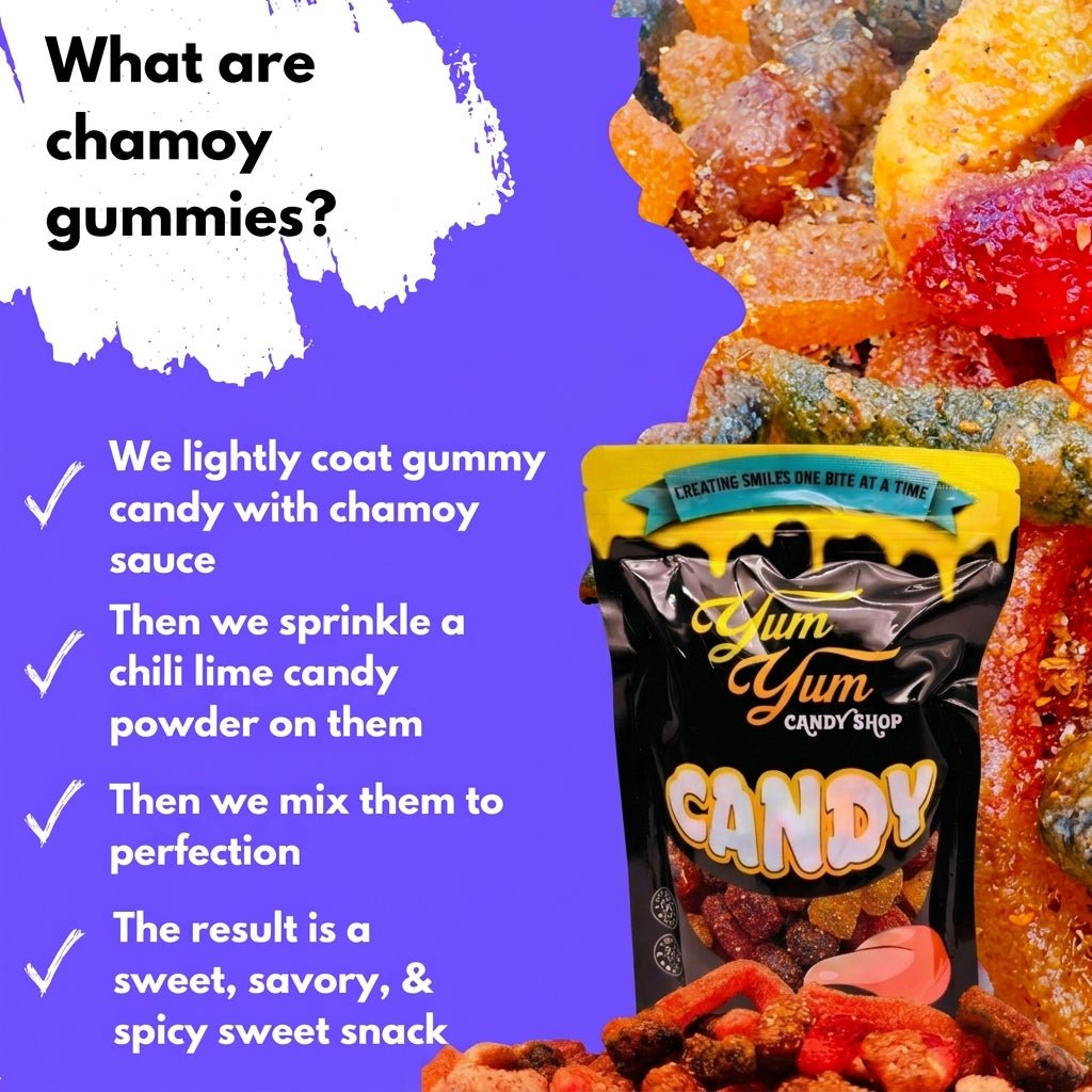 Yum Yum Candy Shop chamoy gummies with product packaging and colorful gummy candies.