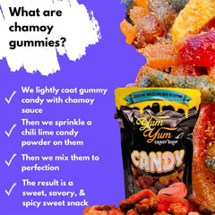 Yum Yum Candy Shop chamoy gummies with product packaging and colorful gummy candies.
