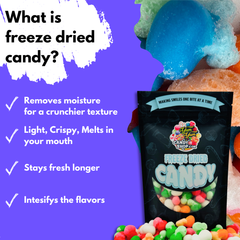 Freeze dried candy bag with colorful treats and text explaining benefits: removes moisture, stays fresh longer, intensifies flavor.