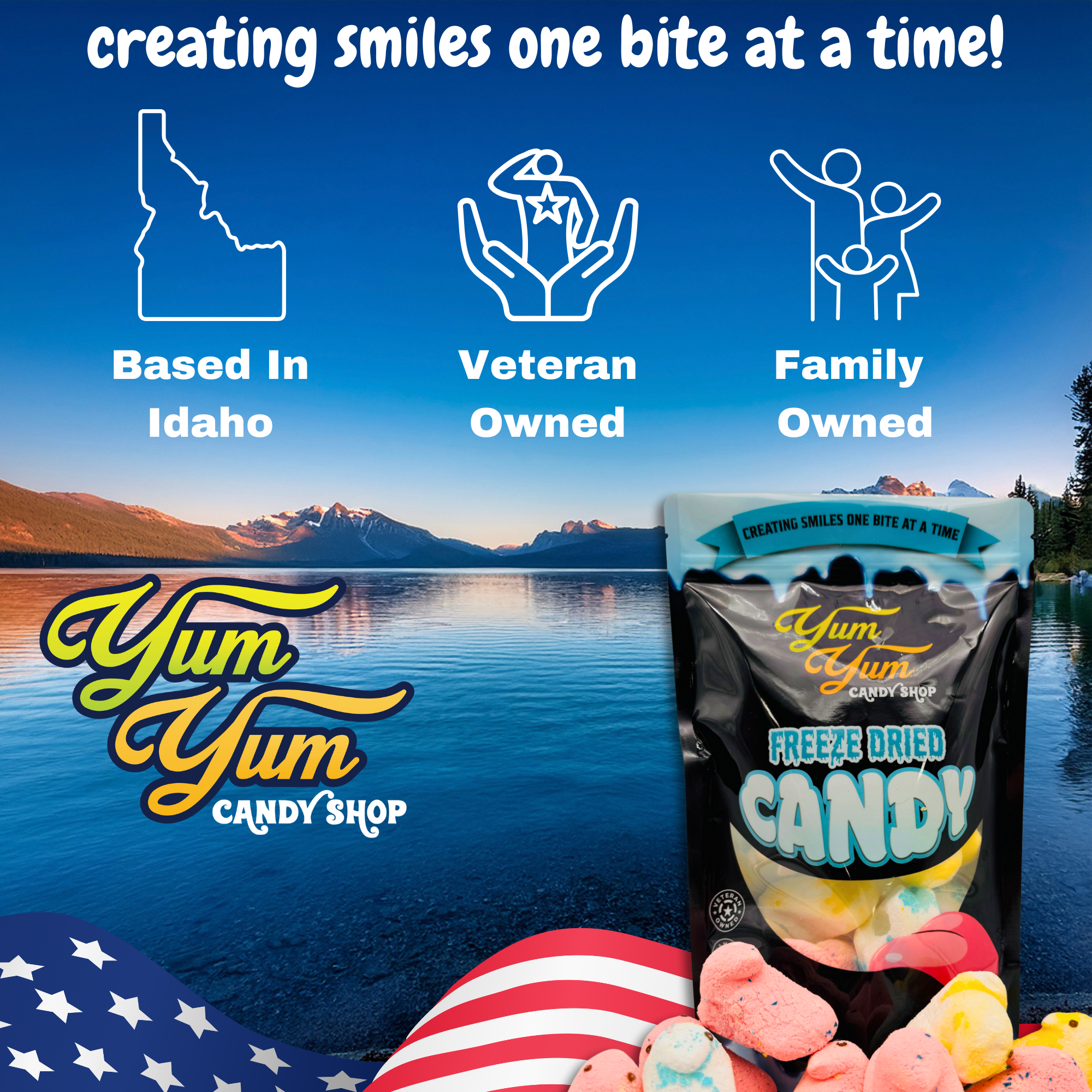Yum Yum Candy Shop branding showing Idaho roots, veteran-owned status, and freeze-dried candy bag