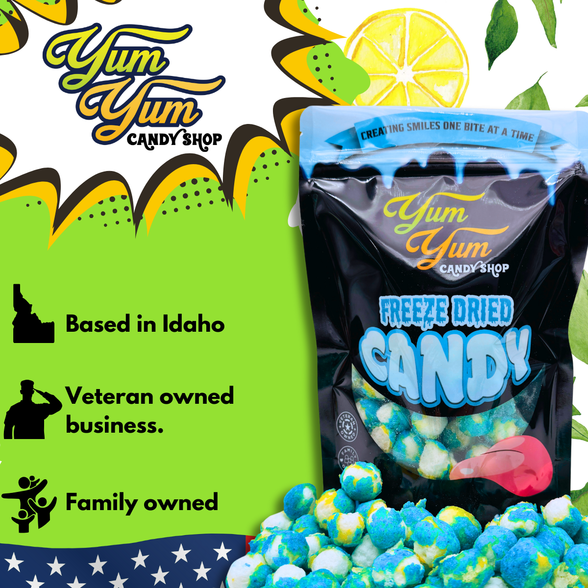 Yum Yum Candy Shop branding with bag of Freeze-Dried Blue Raspberry Lemon Ballz and fruit graphics