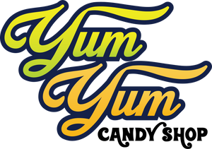 Logo of Yum Yum Candy Shop with colorful text on a white background