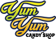 Logo of Yum Yum Candy Shop with colorful text on a white background