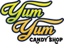 Logo of Yum Yum Candy Shop with colorful text on a white background