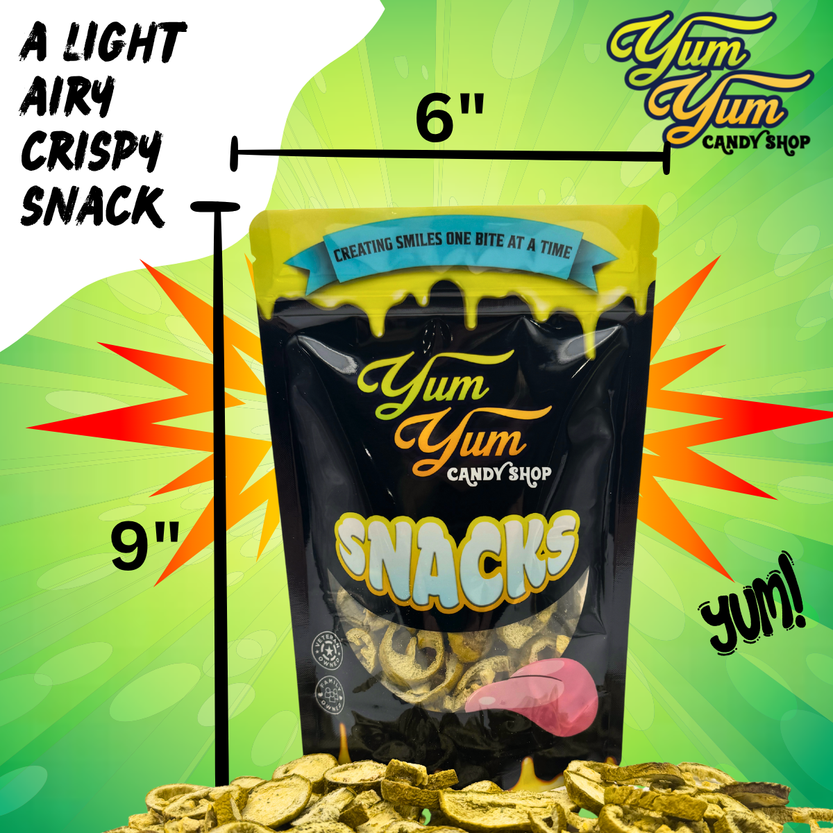 Yum Yum Snacks packaging with dimensions and product display on a green background